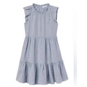 LAKE Helen Linen Tiered Dress Flutter Cap Sleeve Pockets Light Blue Sz Large